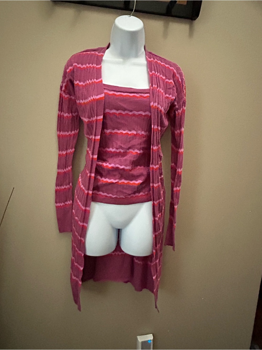 LOFT Pink & Coral Striped Knit Tank and Cardigan Set